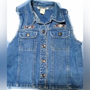 Bonjour Vintage Denim Jeans Vest with Embroidered Design Medium